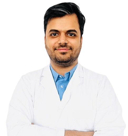 Smiling healthcare professional in white coat with glasses holding a tablet